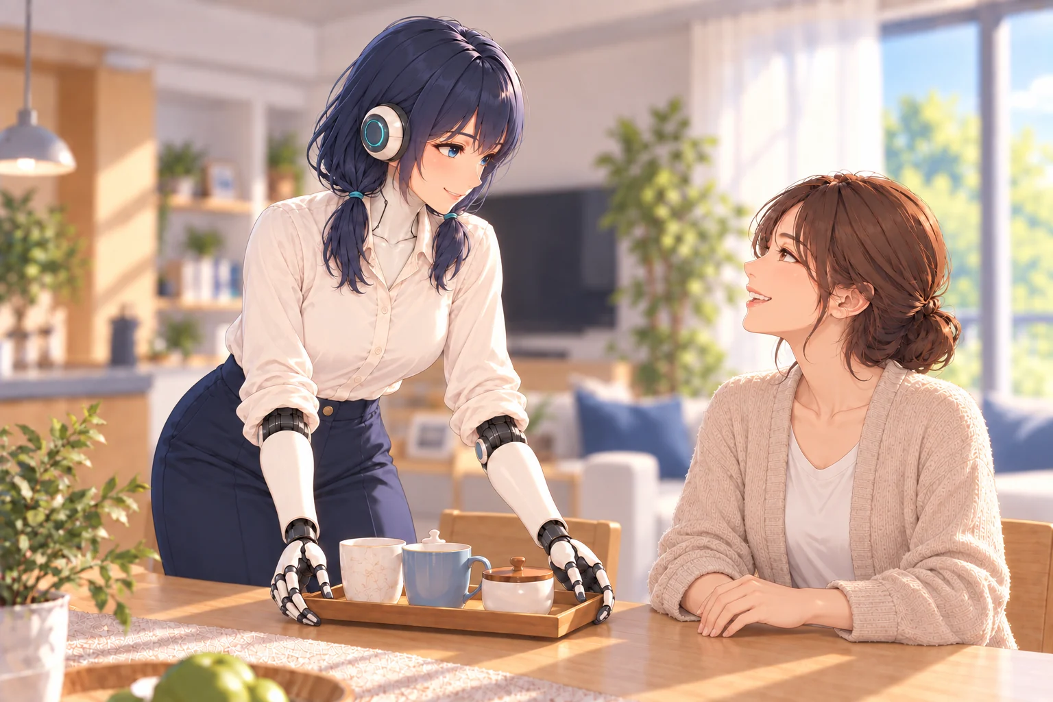 お茶を配膳する紺色の髪のヒューマノイドロボットと、自然に座った住人が目を合わせて笑顔で会話するイラスト